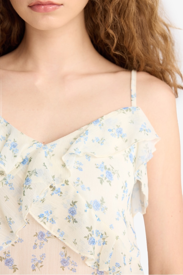 Regular Fit V Neck Floral Chiffon Sleeveless Blouse
