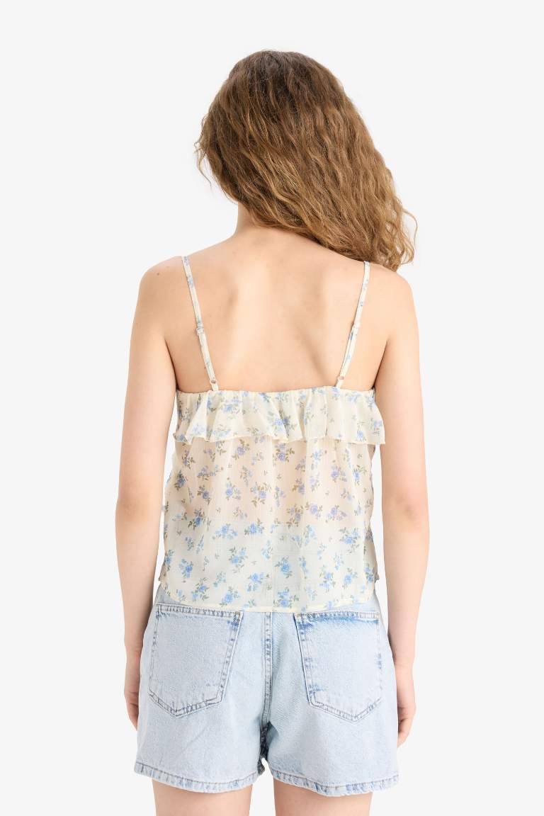 Regular Fit V Neck Floral Chiffon Sleeveless Blouse