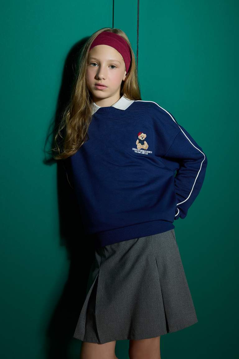 Kız Çocuk Oversize Geniş Kalıp Bisiklet Yaka Baskılı Sweatshirt