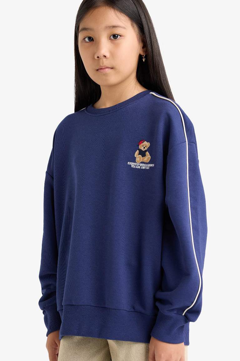 Kız Çocuk Oversize Geniş Kalıp Bisiklet Yaka Baskılı Sweatshirt