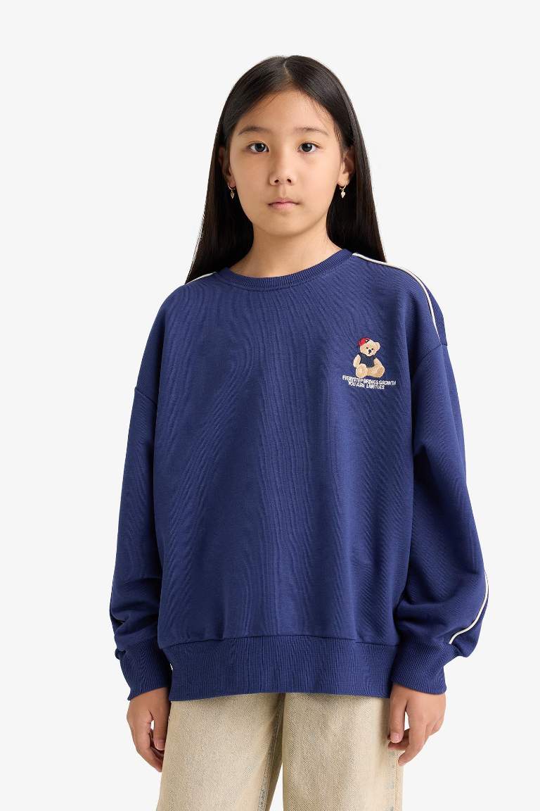Kız Çocuk Oversize Geniş Kalıp Bisiklet Yaka Baskılı Sweatshirt