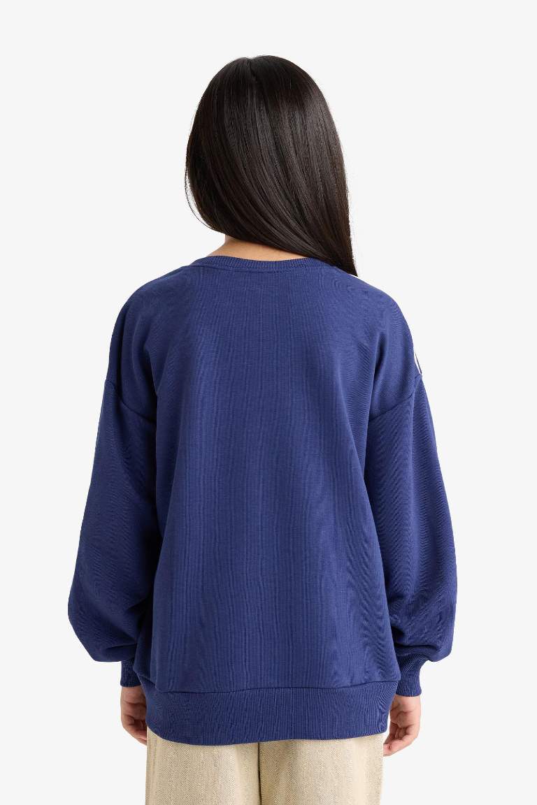 Kız Çocuk Oversize Geniş Kalıp Bisiklet Yaka Baskılı Sweatshirt