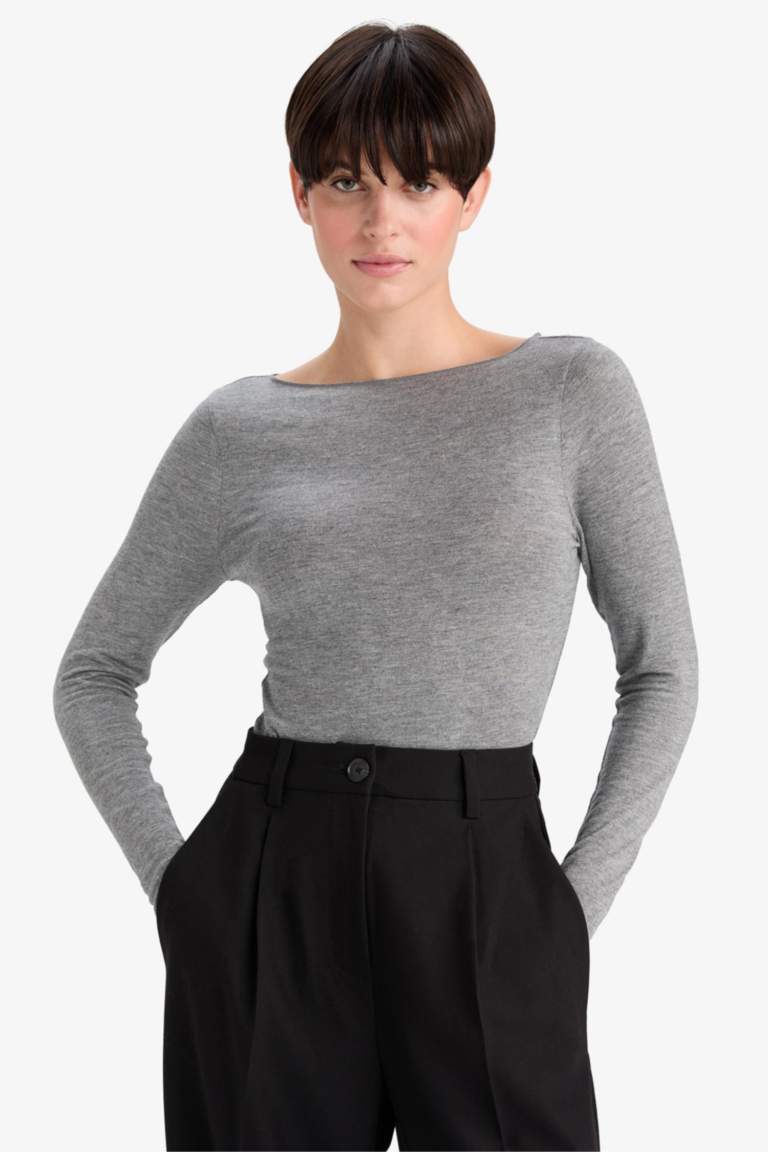 Modal Kaşmir Yumuşak Dokulu Kayık Yaka Uzun Kollu Üst-Fall in Love