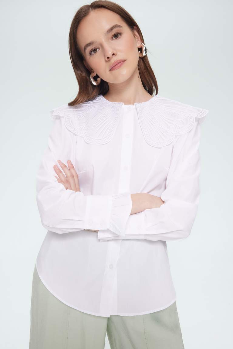 Regular Fit Geniş Yakalı Poplin Uzun Kollu Tesettür Gömlek Tunik