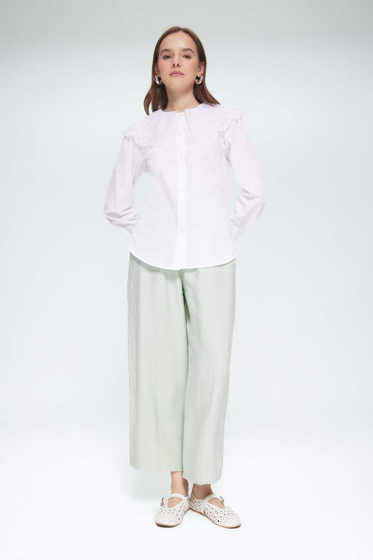 Regular Fit Geniş Yakalı Poplin Uzun Kollu Tesettür Gömlek Tunik