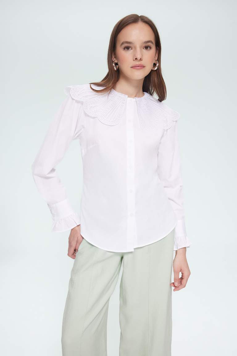 Regular Fit Geniş Yakalı Poplin Uzun Kollu Tesettür Gömlek Tunik