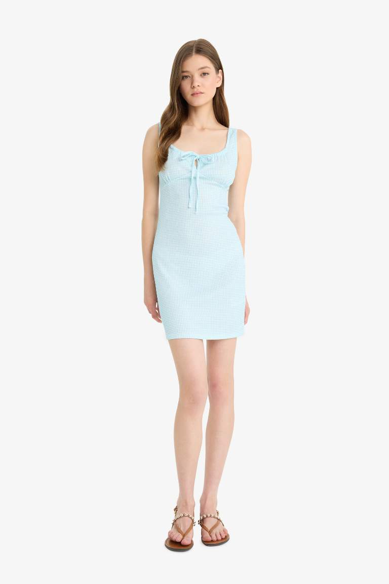Coool Bodycon Vücudu Saran Kare Yaka Pötikareli Bürümcük Askılı Mini Yazlık Elbise