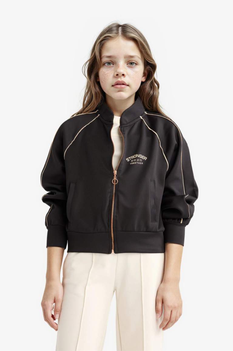 جاكيت رياضي بناتي بطبعة شعار قماش سكوبا قصة مريحة