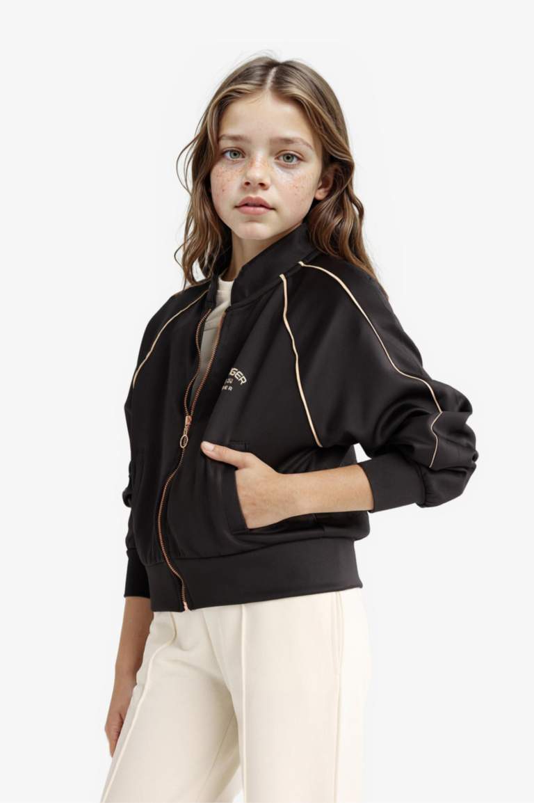 جاكيت رياضي بناتي بطبعة شعار قماش سكوبا قصة مريحة