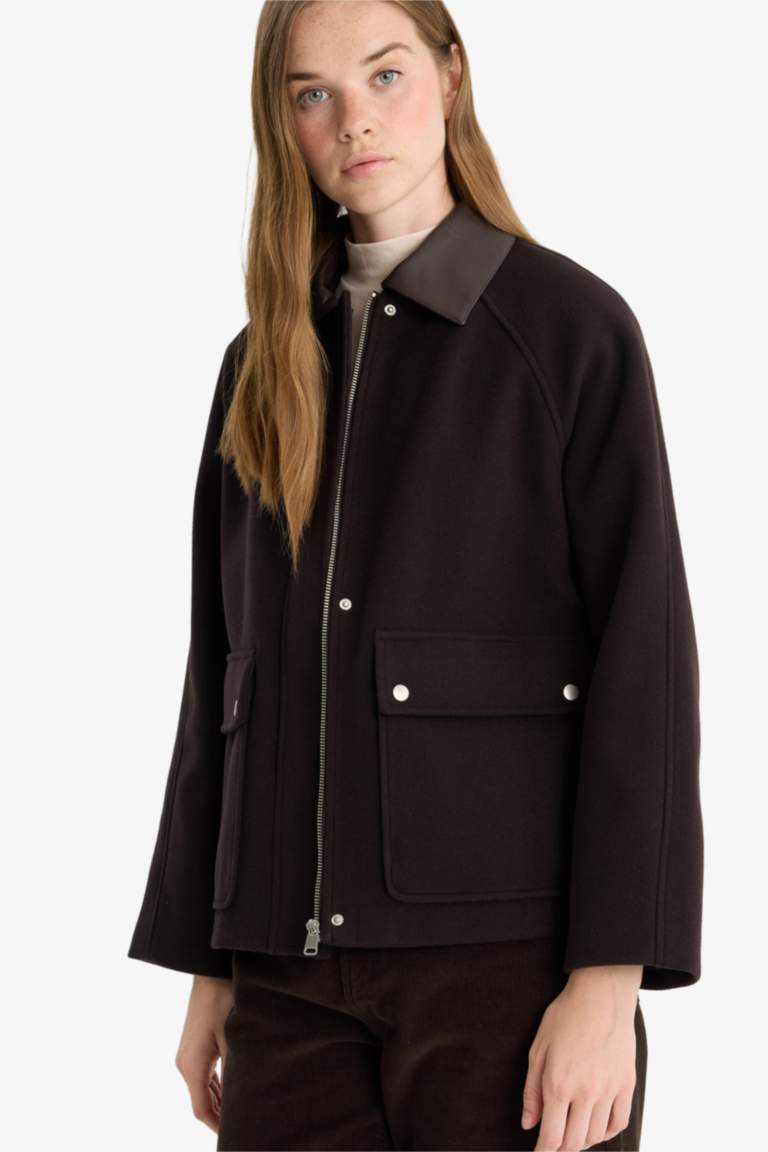 Regular Fit Polo Yaka Fermuarlı Kaşe Mont