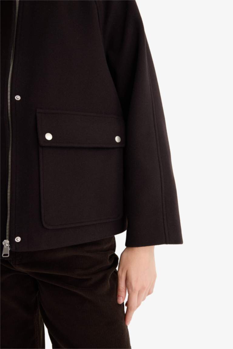 Regular Fit Polo Yaka Fermuarlı Kaşe Mont