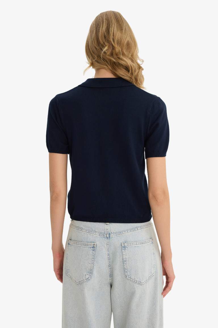 Fitted Polo Yaka Kısa Kollu Triko Kazak
