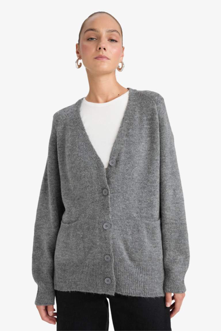 Oversize Fit V-Neck Soft Textured Cardigan