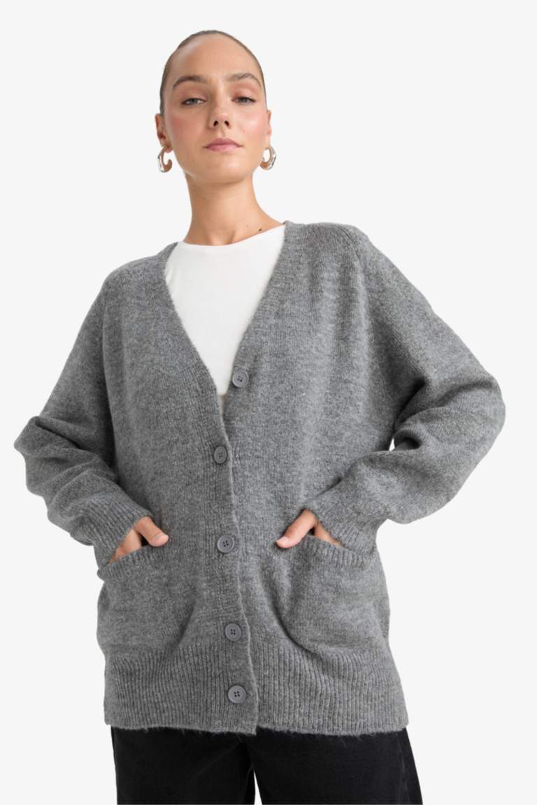 Oversize Fit V-Neck Soft Textured Cardigan