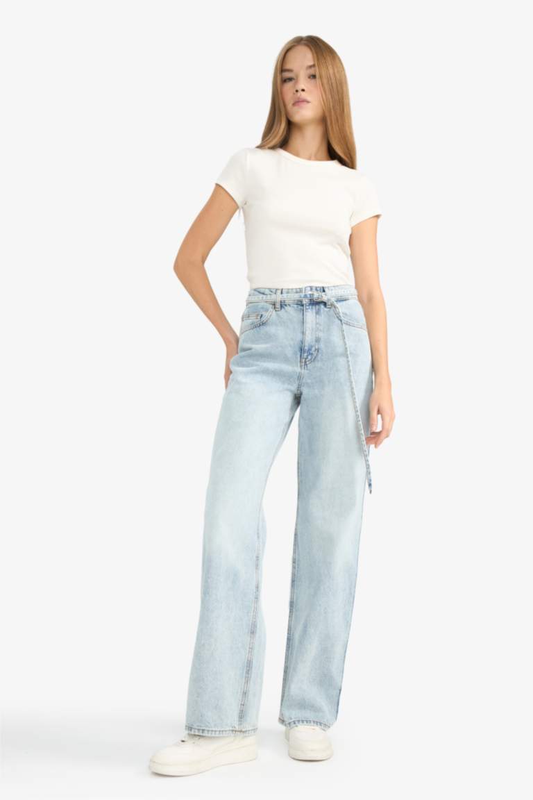 Straight Wide Yüksek Bel Düz Paça Uzun Jean Yıkamalı Pantolon