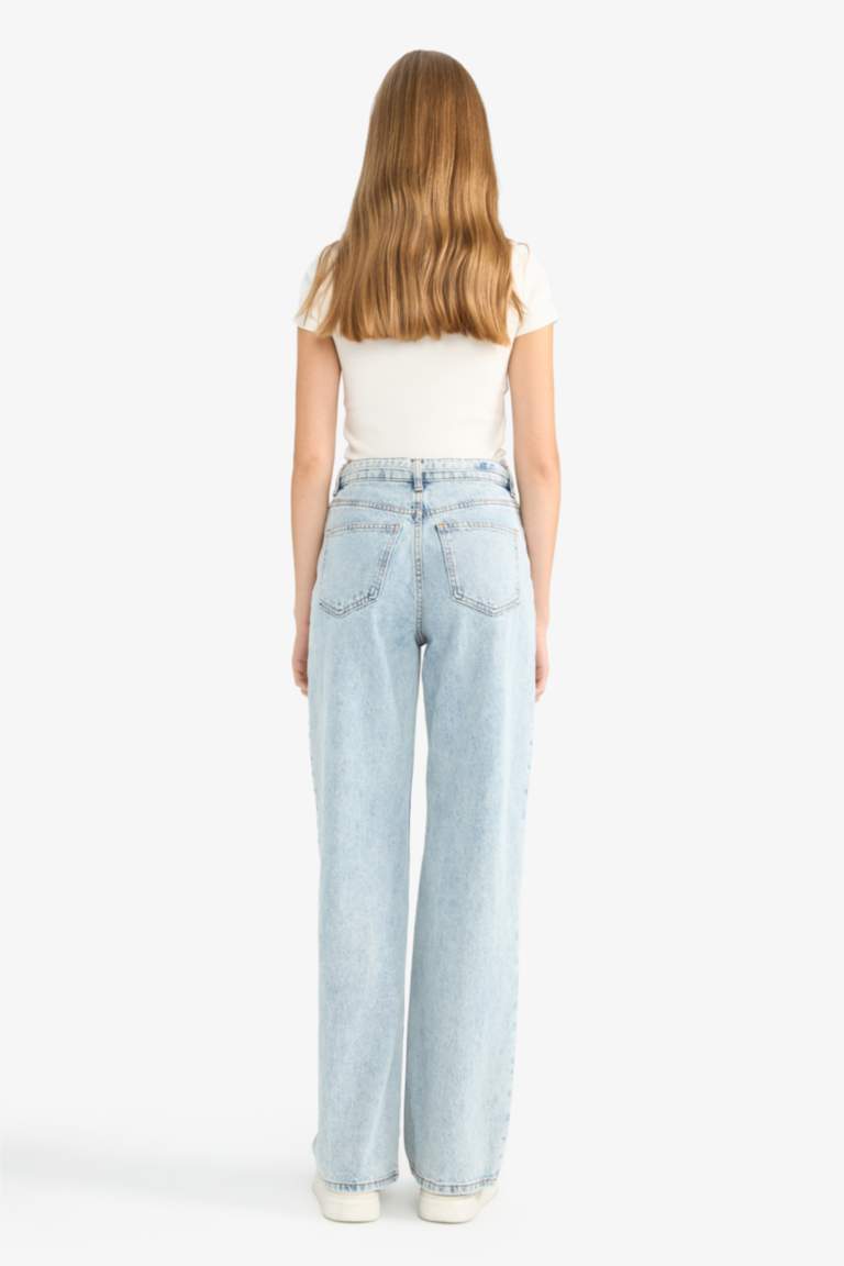 Straight Wide Yüksek Bel Düz Paça Uzun Jean Yıkamalı Pantolon