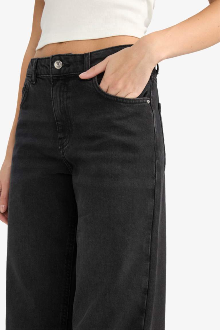 Straight Fit High Waist Wide Leg Denim Trousers