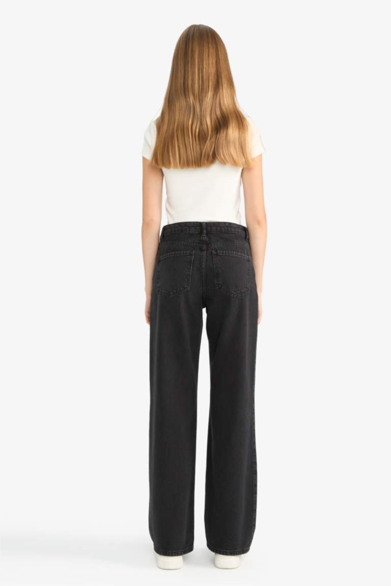 Straight Fit High Waist Wide Leg Denim Trousers