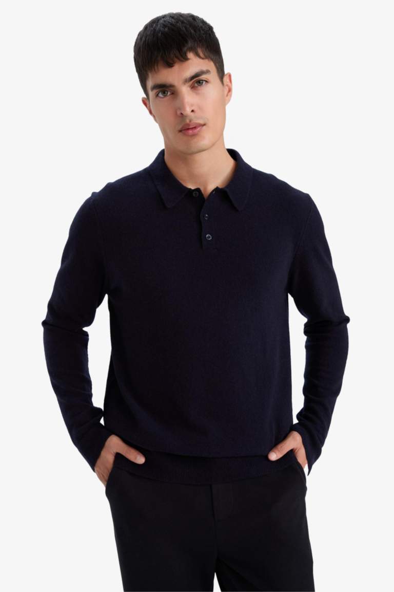 %100 Yün Standart Fit Polo Yaka Kazak