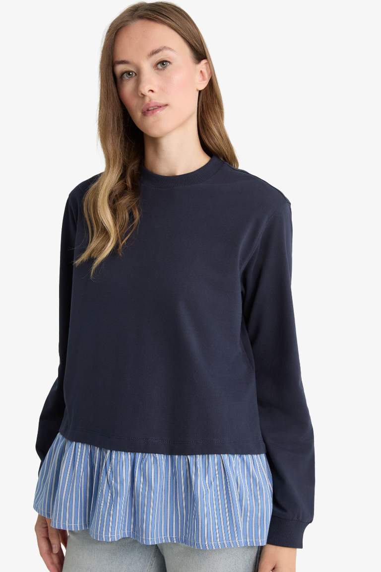 سويت شيرت طويل قماش خفيف قصة عادية بياخة مستديرة