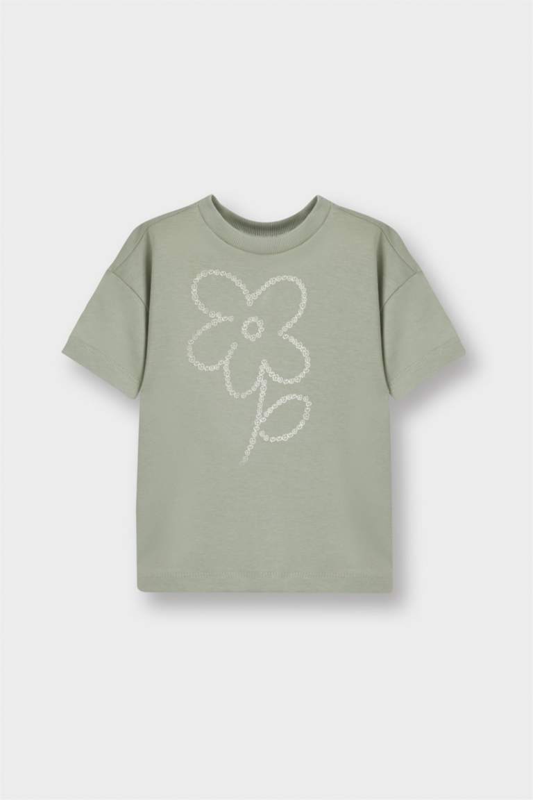 Kız Bebek Bisiklet Yaka Çiçekli Kısa Kollu Tişört