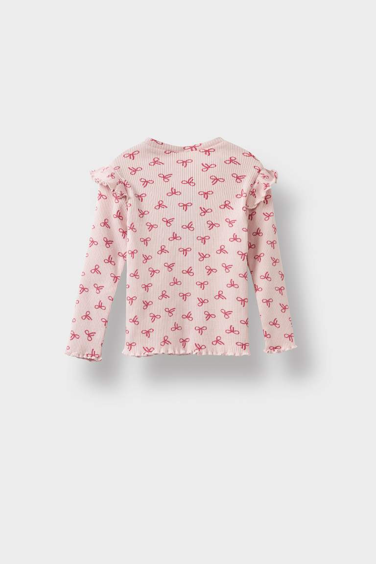 Kız Bebek Bisiklet Yaka Fitilli Kaşkorse Desenli Uzun Kollu Tişört