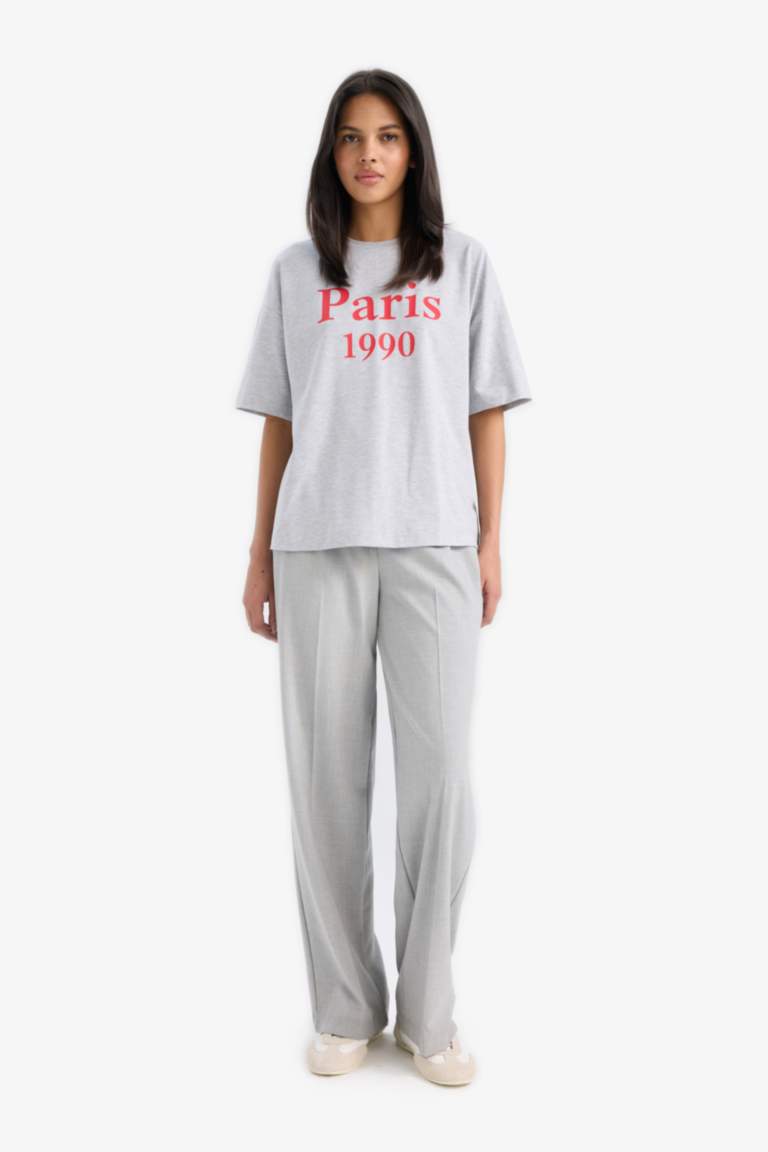 Oversize Fit Crew Neck Slogan Printed Cotton T-Shirt