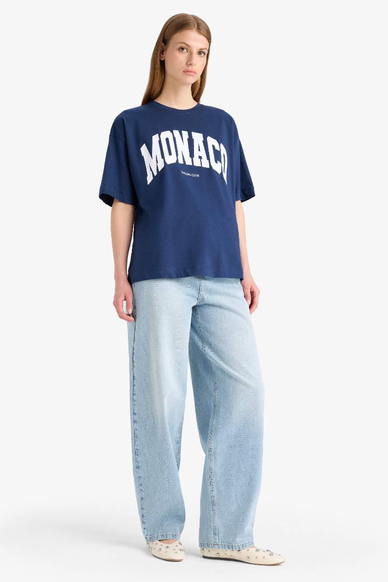Oversize Fit Crew Neck Slogan Printed Cotton T-Shirt