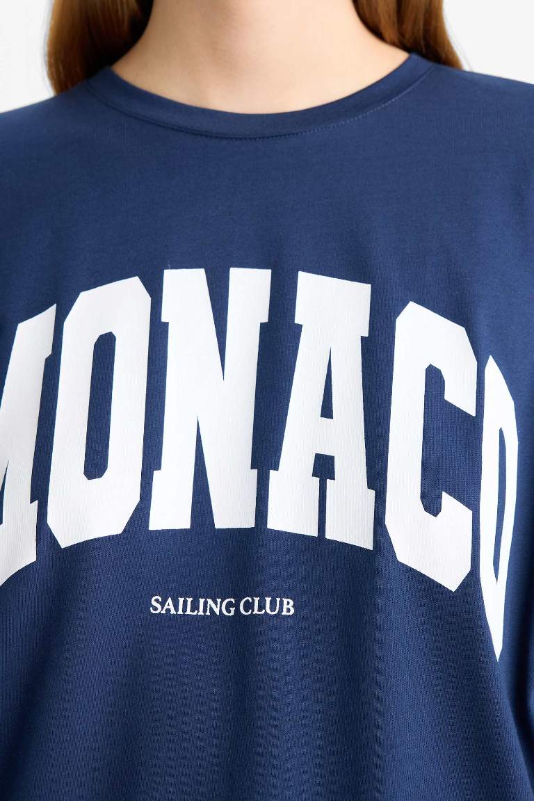 Oversize Fit Crew Neck Slogan Printed Cotton T-Shirt