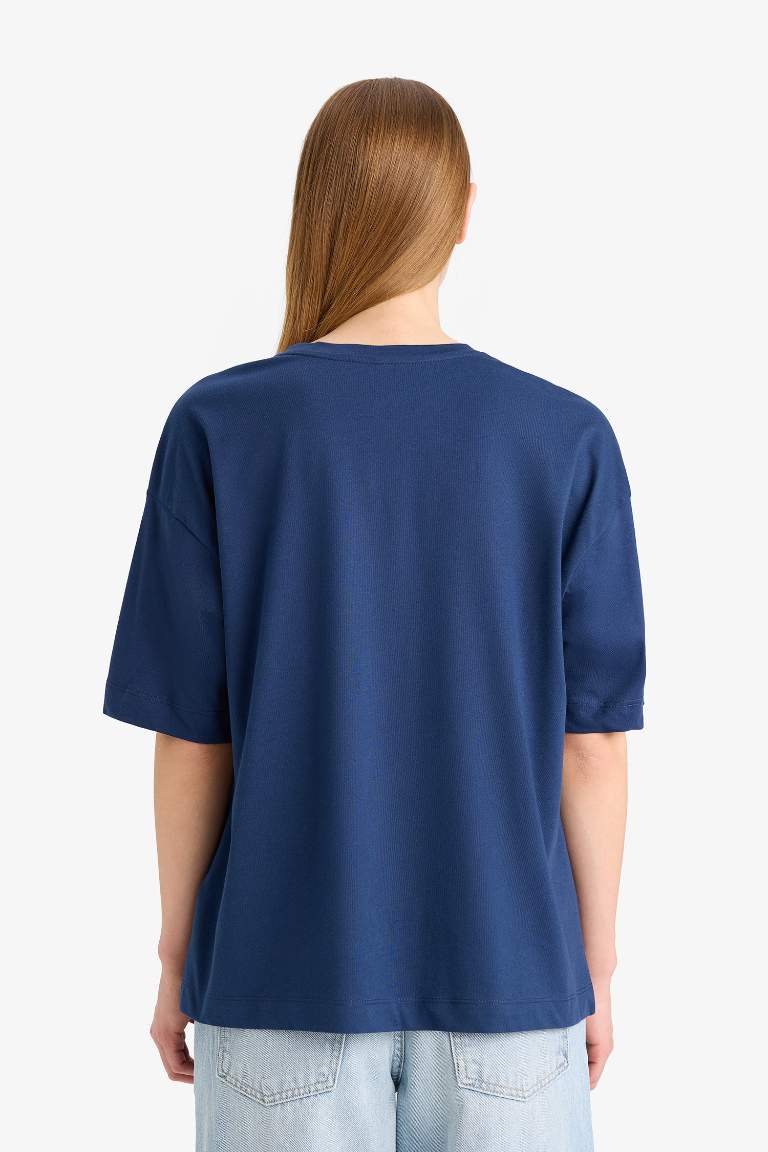 Oversize Fit Crew Neck Slogan Printed Cotton T-Shirt