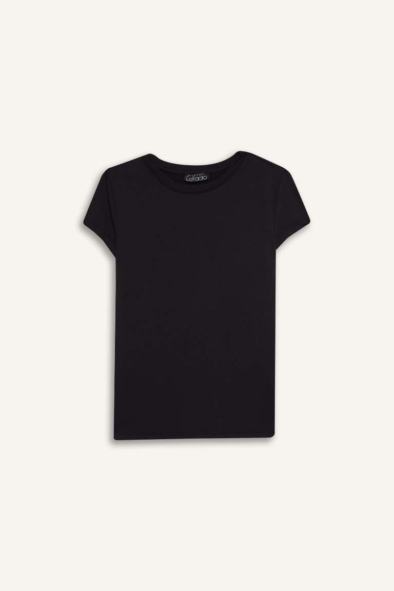 Fitted Bisiklet Yaka Basic Düz Kısa Kollu Siyah Tişört
