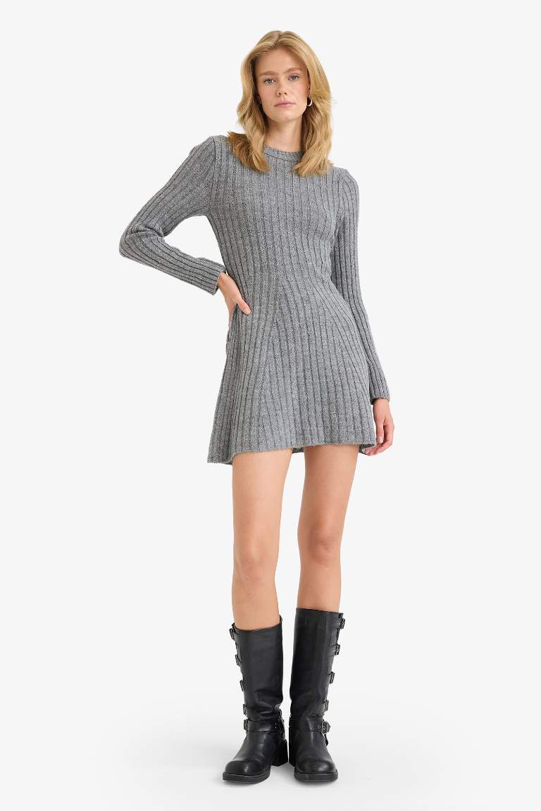 Crew Neck Ribbed Long Sleeve Mini Dress