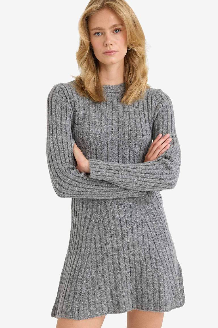 Crew Neck Ribbed Long Sleeve Mini Dress