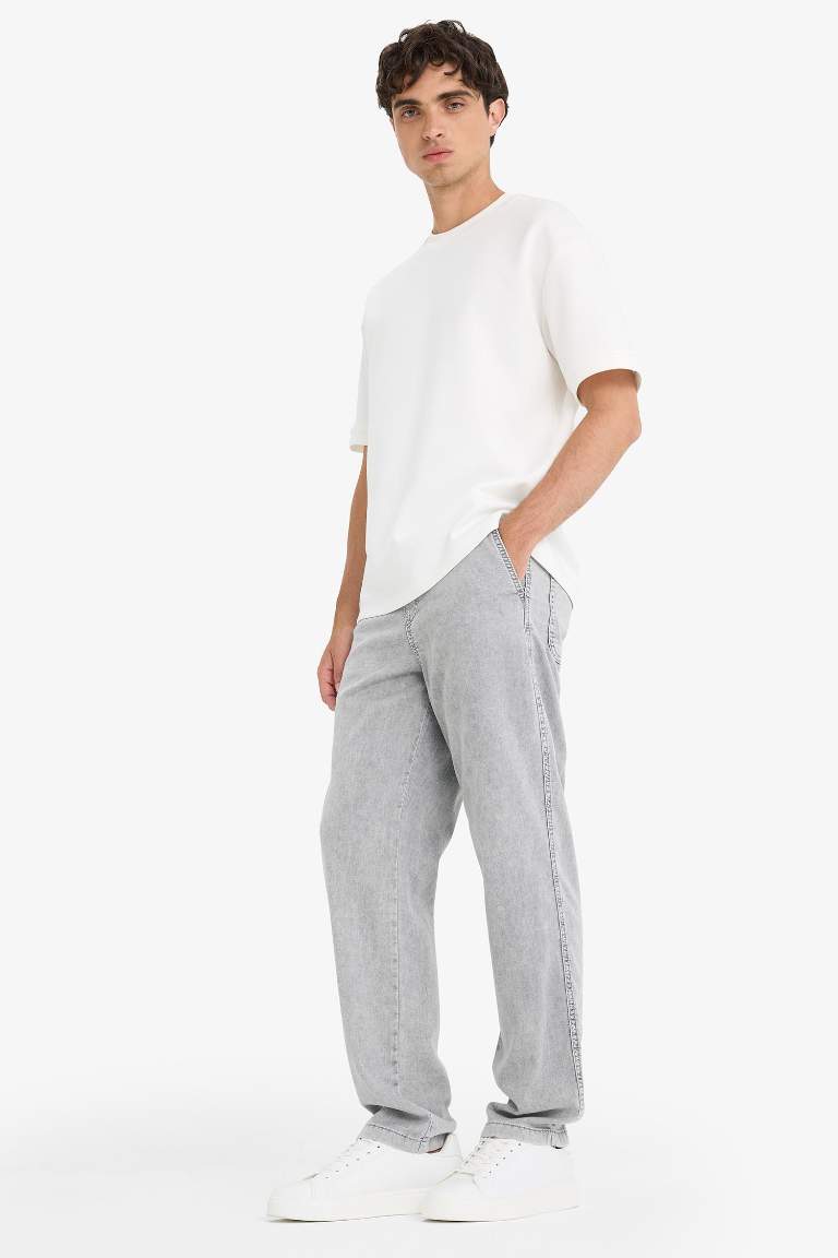 Wide Leg Beli Bağcıklı Lastikli Geniş Paça Jean Kar Yıkamalı Pantolon