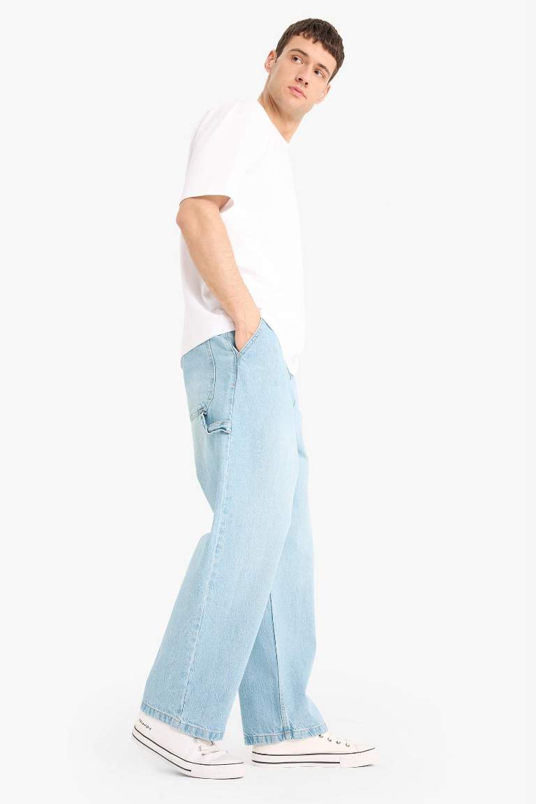 %100 Pamuk Skater Fit Geniş Kalıp Yüksek Bel Geniş Paça Jean Pantolon