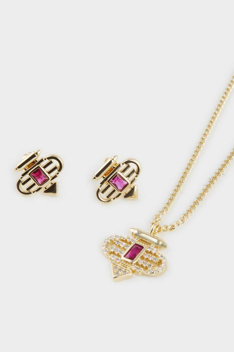 Reis x DeFacto 14 Ayar Altın Kaplama Ruby Prego Kadın Mor Taşlı Gold Kolye Küpe Seti