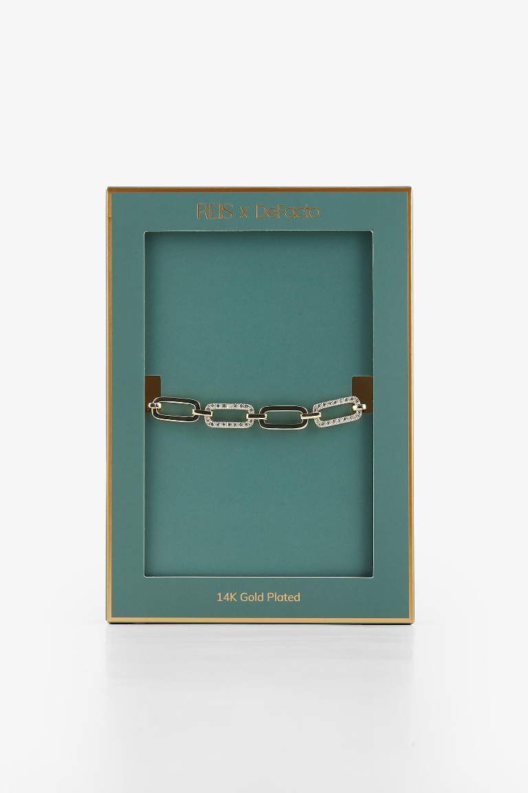 Reis x DeFacto 14 Ayar Altın Kaplama Punk Bracelet Kadın Kalın Ataç Zincir Taşlı Gold Bileklik