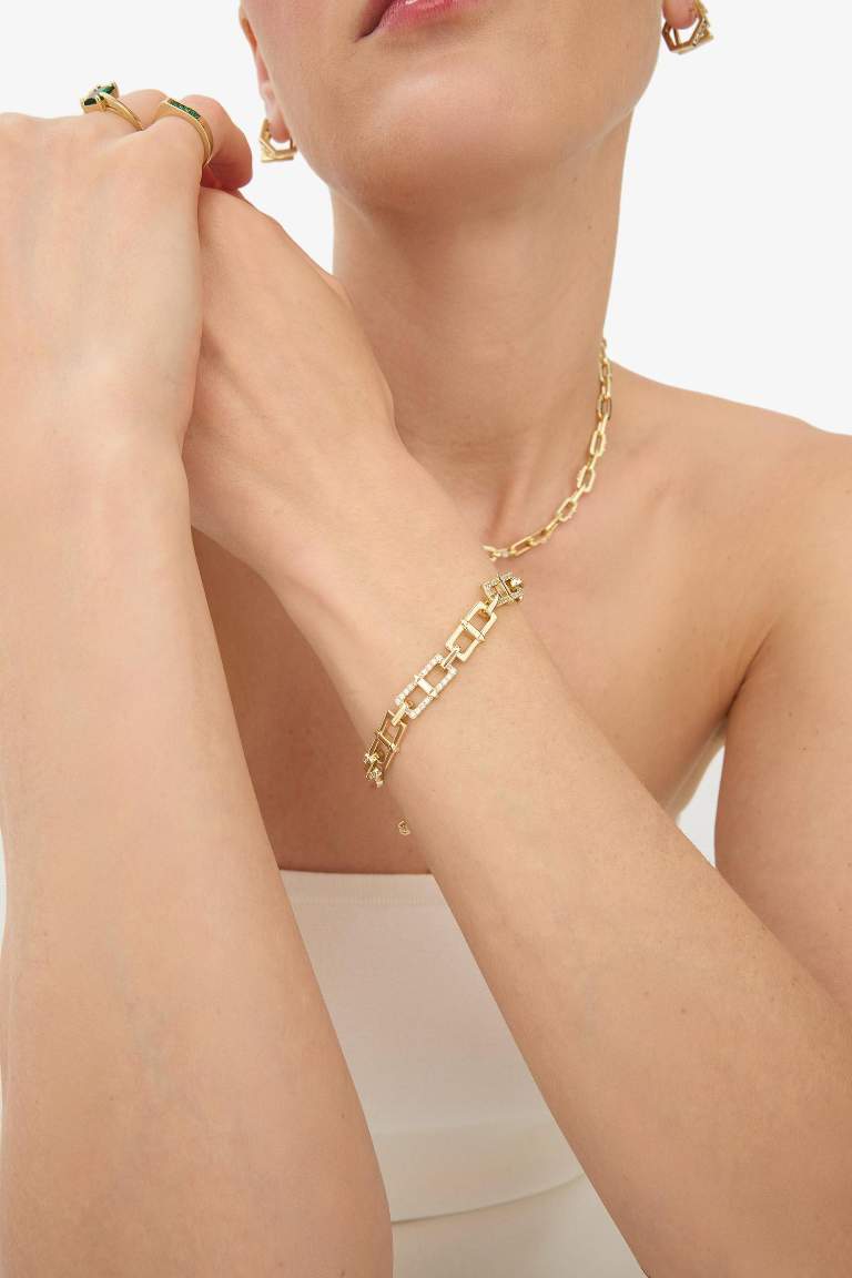Reis x DeFacto 14 Ayar Altın Kaplama Shine Line Bracelet Kadın Taşlı Gold Ataç Zincir Bileklik