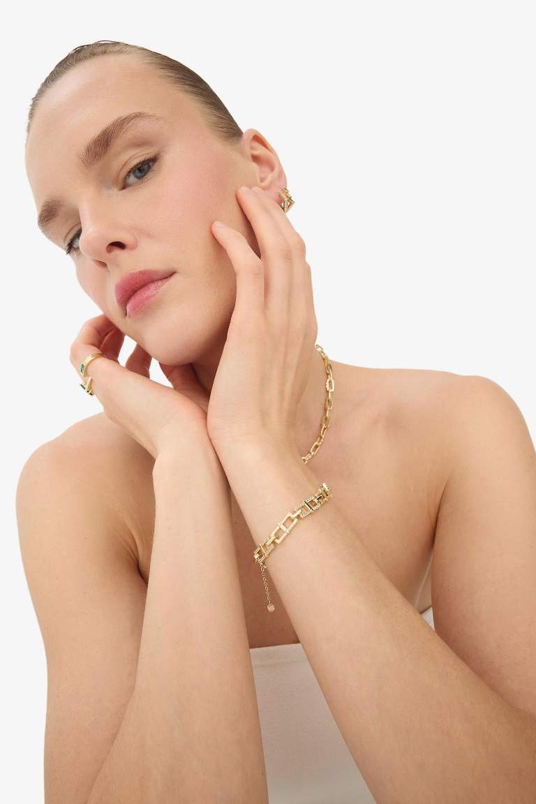 Reis x DeFacto 14 Ayar Altın Kaplama Shine Line Bracelet Kadın Taşlı Gold Ataç Zincir Bileklik