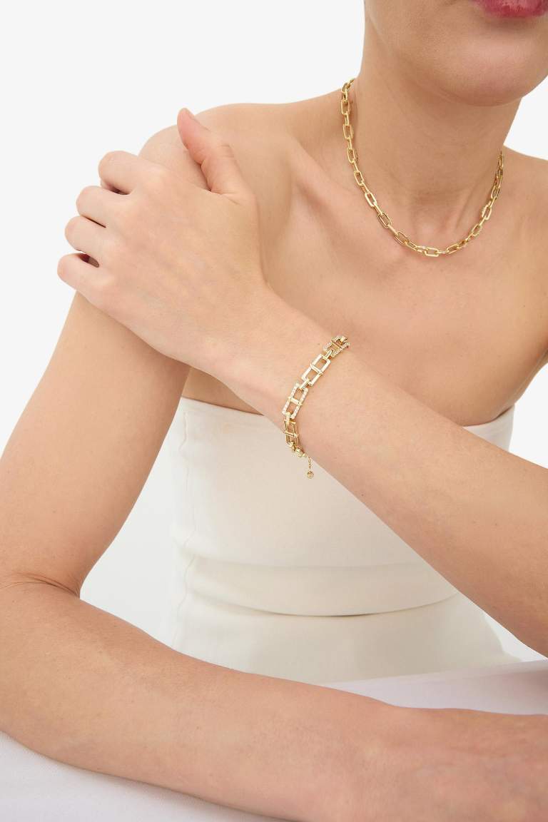 Reis x DeFacto 14 Ayar Altın Kaplama Shine Line Bracelet Kadın Taşlı Gold Ataç Zincir Bileklik