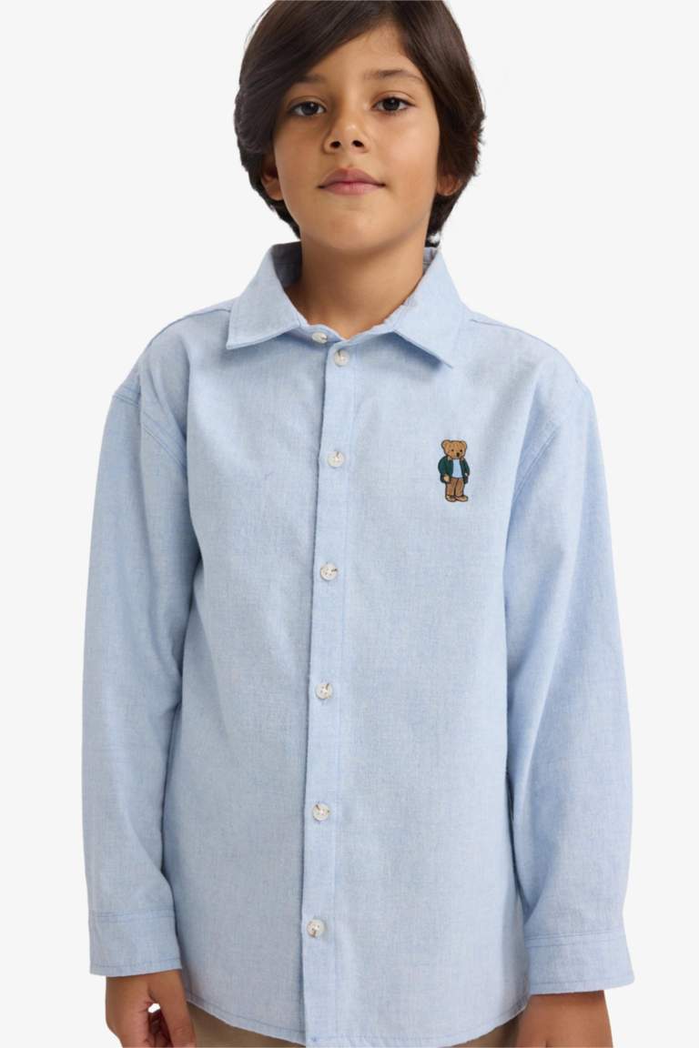 Erkek Çocuk Oversize Geniş Kalıp Ayı Nakışlı Polo Yaka Flanel Uzun Kollu Gömlek