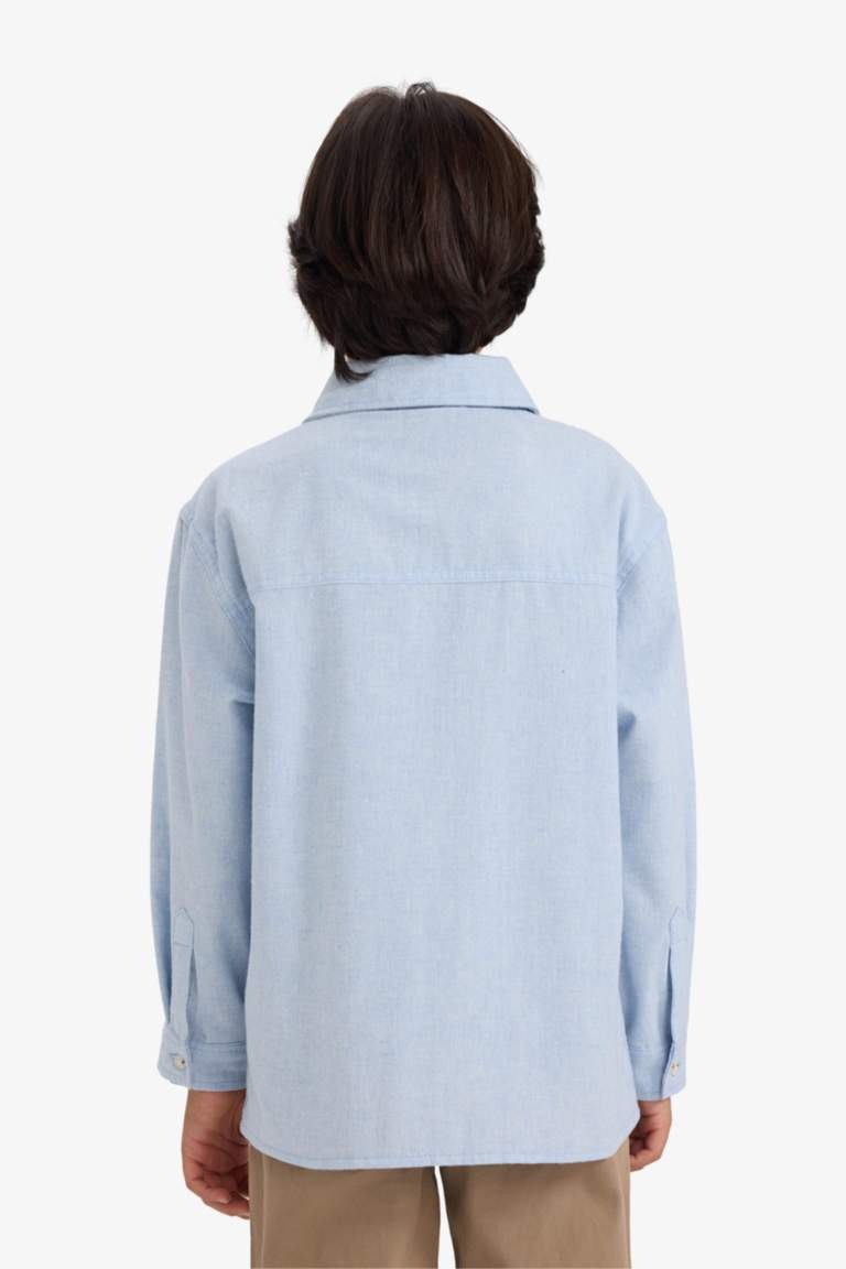 Erkek Çocuk Oversize Geniş Kalıp Ayı Nakışlı Polo Yaka Flanel Uzun Kollu Gömlek