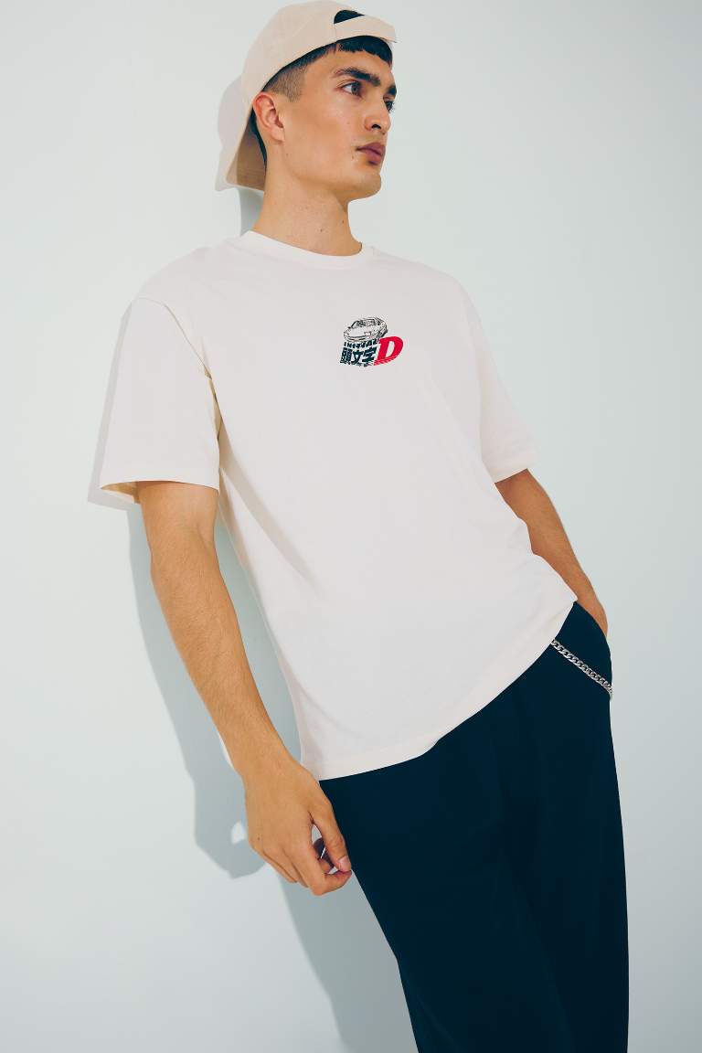 %100 Pamuk Initial D Boxy Fit Bisiklet Yaka Kısa Kollu Tişört