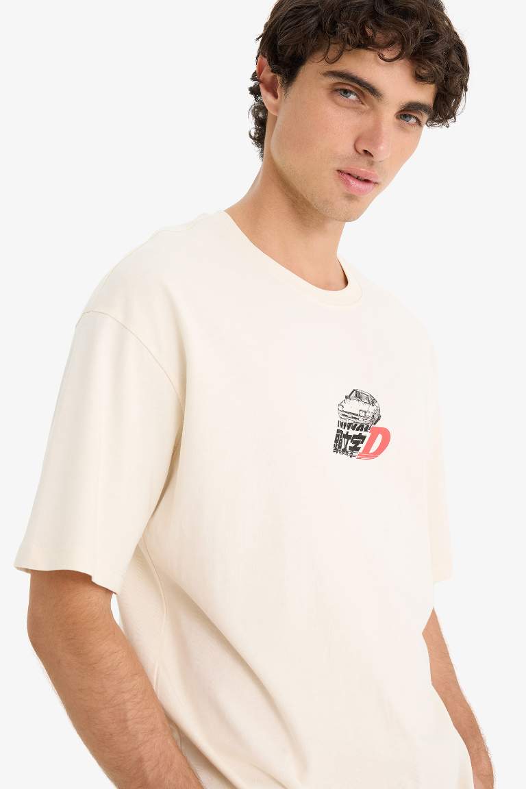 %100 Pamuk Initial D Boxy Fit Bisiklet Yaka Kısa Kollu Tişört