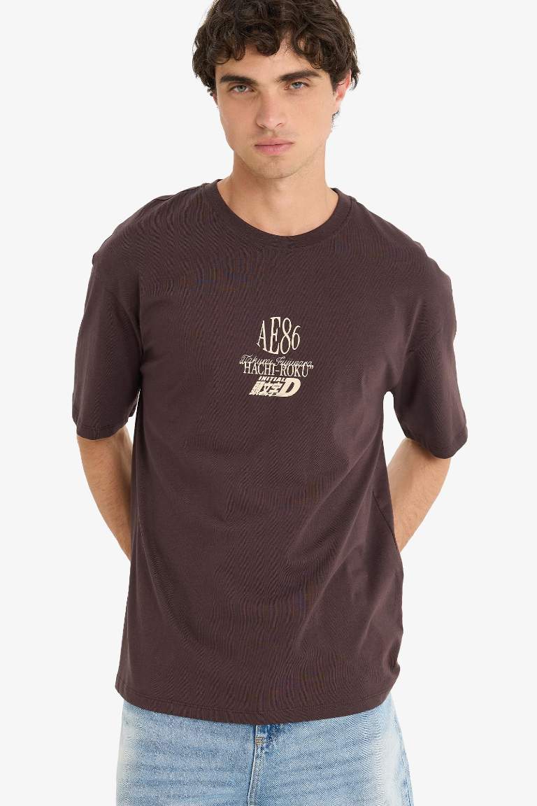 %100 Pamuk Initial D Boxy Fit Bisiklet Yaka Sırt Baskılı Kısa Kollu Tişört