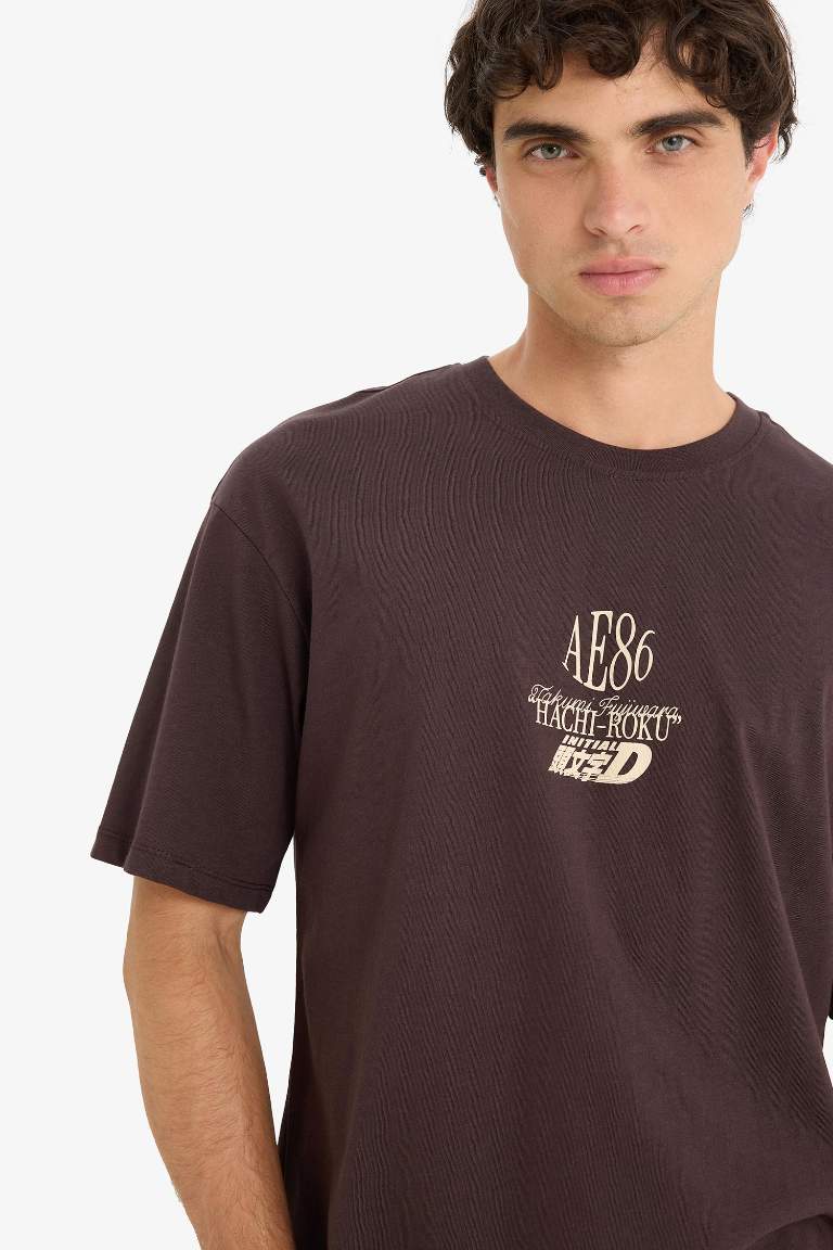 %100 Pamuk Initial D Boxy Fit Bisiklet Yaka Sırt Baskılı Kısa Kollu Tişört