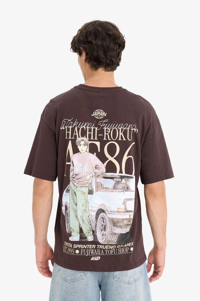 %100 Pamuk Initial D Boxy Fit Bisiklet Yaka Sırt Baskılı Kısa Kollu Tişört