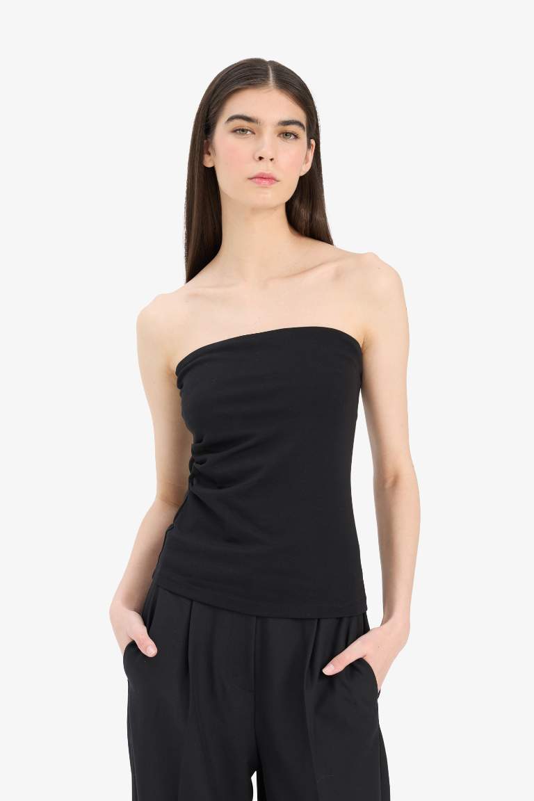 Slim Fit Dar Kesim Straplez Siyah Bluz