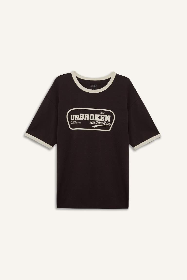 %100 Pamuk Boxy Fit Bisiklet Yaka Baskılı Kısa Kollu Tişört