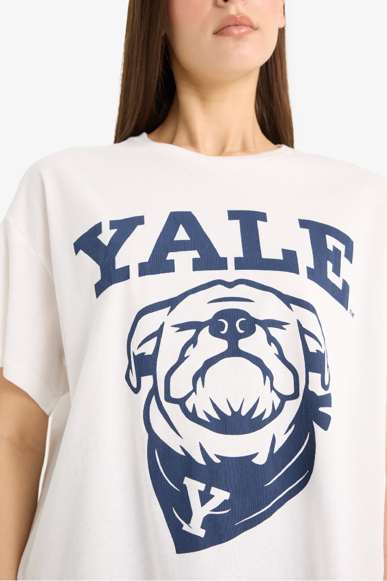 Yale University Oversize Geniş Kalıp Bisiklet Yaka Baskılı Kısa Kollu Tişört